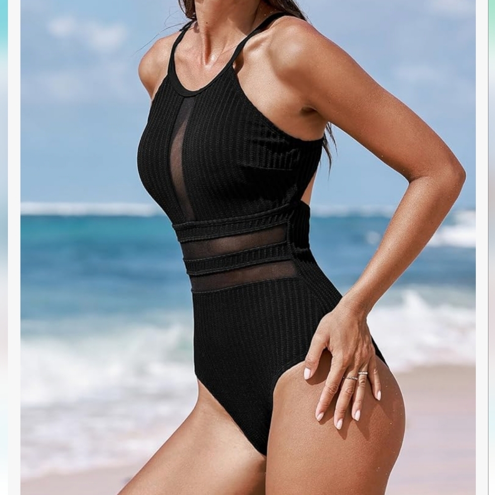 Cupshe Round Neck Back Cutout Textured/Mesh One-Piece - black - Picture 3 of 14
